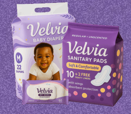 Velvia baby diapers and regular sanitary pads